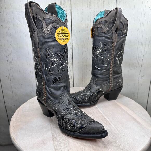 CORRAL Womens Tall Cowboy Boots 9 M Black Studded Overlay Crystal Boot C3934 NWT - Picture 7 of 13